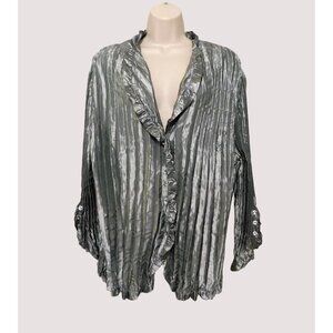 MSK Blouse Women 3X Silver Gunmetal Gray Metallic Pleated 3/4 Sleeve Stretch